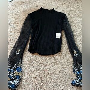 Free People Embroidered lace sleeve turtleneck